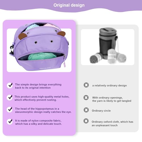 Image of Hippo Yarn Storage Bag Organizer for Crochet Portable Knitting Holder with Zipper, Small Craft Project Bag, Cute Crochet Accessories & Gifts for Women (Light Purple)