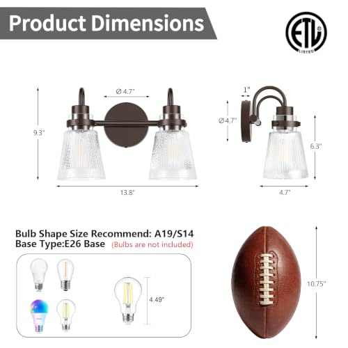Image of 2-Light Bathroom Vanity Light, 13.8 Inch Farmhouse Bathroom Light Fixtures with Clear Striped Glass Shade, Oil Rubbed Bronze Wall Sconce Lighting Over Mirror for Bedroom Hallway Cabinet