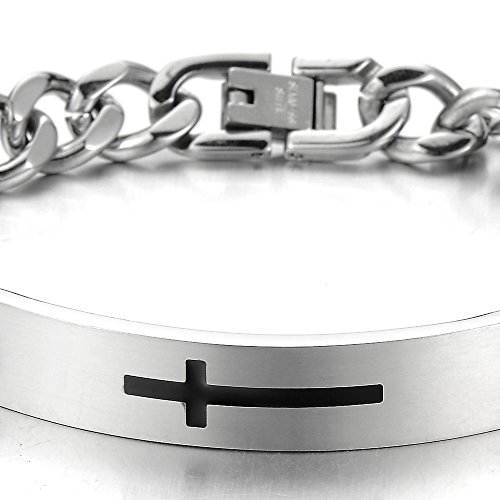Coolsteelandbeyond Mens Stainless Steel Id Identification Bracelet With Black Enamel Cross Curb Chain Silver Color #TOP1