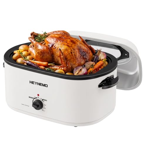 Image of 26Qt Turkey Roaster Oven Buffet with Self-Basting Lid, 1450W Stainless Steel Electric Roaster Oven with Cool-Touch Handles, Removable Pan and Rack, White