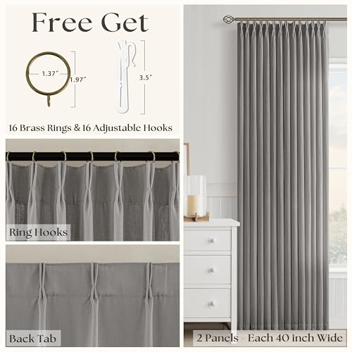 Image of Grey Linen Semi Sheer Pinch Pleated 40x108 Inch Curtains for Living Room | Gray, Floor To Ceiling 108 inch Extra Long, Light Filtering Privacy, Bedroom, Burlap Textured, Hook Rings Memory Shape Drapes