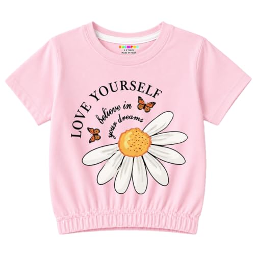 Image of Kuchipoo Girls Cotton Crop Top | Half Sleeve Graphic Printed Summer T-Shirt with Elastic Waist | Soft & Breathable Casual Wear for Kids | Pack of 5