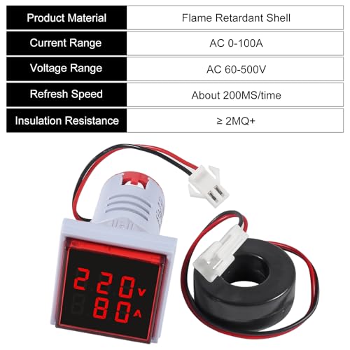 Image of 2pcs LED Display Voltmeter Ammeter,22mm Square Dual Display Digital Voltage Gauge Current Tester AC 0-100A 60-500V Meter Indicator(Red)