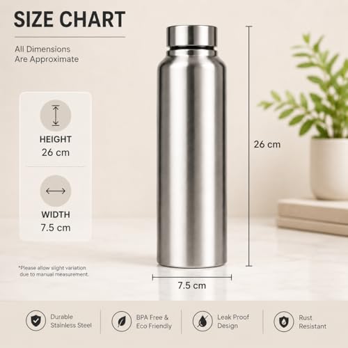 Image of Melvio Water Bottle Stainless Steel Sports /Fridge Bottle with Leak Proof Lid | Single Wall | For Home, Office, Gym, Travelling | Lightweight | BPA Free | 1000ml | Silver) (Set of 5)