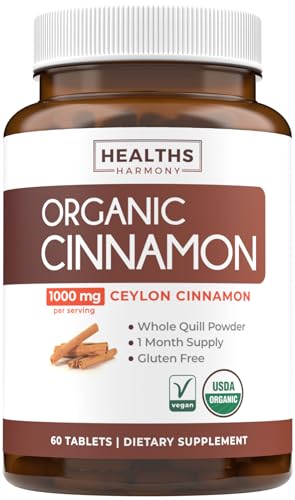 USDA Organic Ceylon Cinnamon Pills - High Potency Ceylon Cinnamon Supplement with 1000mg per Serving for Full Body Antioxidant Support - Vegan Non-GMO cGMP Made & Lab Verified (1 Month Supply)