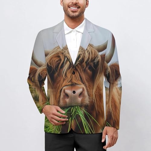 Cute Highland Cow Eating Wildlife Men's Suits Dress Business Formal Suit Print Jackets Coat For Wedding Party2