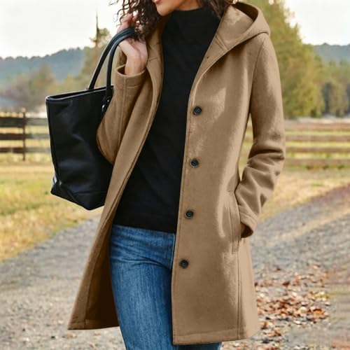 Pea Coats for Women Single Breasted Mid Long Wool Coat Winter Hooded Jacket - image 2