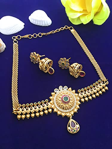Image of Sasitrends Temple Wear Gold Plated AD Studded Choker Necklace With Earring Jewellery Set For Women & Girls