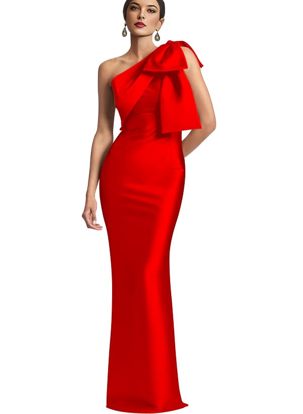 Image of IIF One Shoulder Bow Prom Dress for Women Mermaid Satin Formal Dresses Long Bodycon Evening Cocktail Gowns IIF043