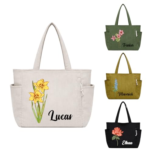 Bolso Tote de pana personalizado con flor de nacimiento para mujer miniatura 1