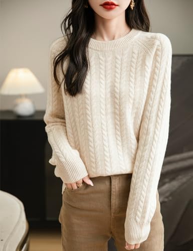 Women's Crew Neck 100% Merino Wool Sweater 2025 Fall Winter Vintage Cable Warm Long Sleeve Knit Pullover Tops3