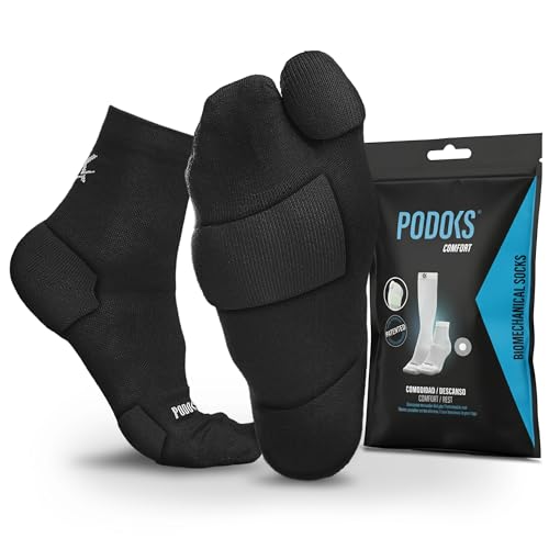 PODOKS - Calcetines hombre y mujer fascitis plantar con compresión para trabajo - Calcetines coolmax con almohadillado y separación del primer dedo (Negro, S)