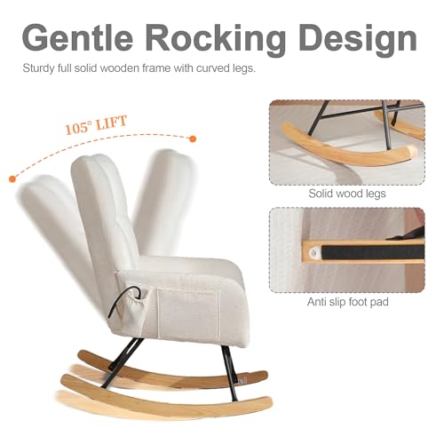 Image of Rocking Chair Nursery with Airbag, Comfy Modern Nursery Rocking Reading Chair Indoor, Cozy Upholstered Glider Rocker Chairs for Living Room Bedroom Offices, (Chenille, White)