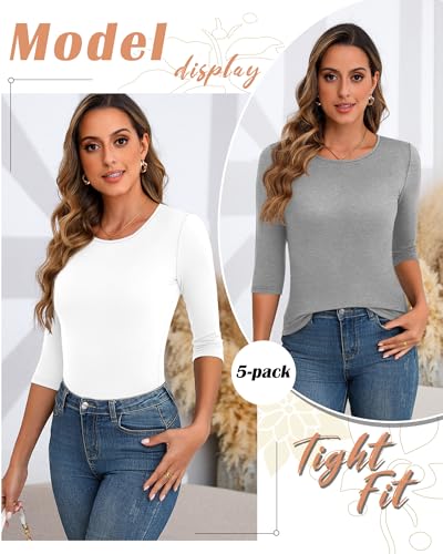 Huukeay 5 Pack Women's Elbow Sleeve Tops 3/4 Sleeve Cotton Round Neck T-Shirt Slim Fit Casual Stretchy Tunic Basic Tees Bulk3