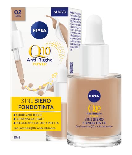 NIVEA Q10 POWER Anti-Rughe 3in1 Siero fondotinta 02 Dark 30 ml, Fondotinta coprente, idratante e anti-età, Siero viso colorato con Coenzima Q10 e Acido Ialuronico