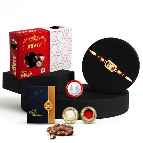 Image of DeoDap Multicolor Beaded Square Rakhi Set for Brother - Includes Chocolate Gift, Silver Pooja Coin and Greeting Card - Complete Raksha Bandhan Combo