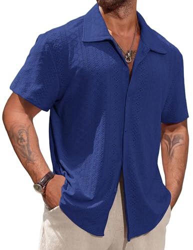 Remxi Herren Kurzarm Hemden Button Down Hawaiihemd Sommer Strand Hemd kubanischem Kragen Vintage T Shirts lässiges Urlaubs-Top mit Cut-Outs