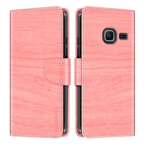 Shantime Leather Wallet Case Compatible with Samsung Galaxy J1 Mini 2016, Colorful Flip Cover with Card Holders Magnetic Closure Full Protection Shell(Pink)