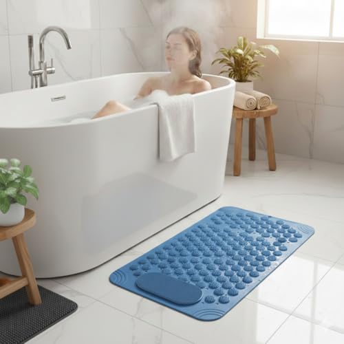 Image of Charge -X Anti Slip Bath Mat with Foot Scrubber for Bathroom | 2-in-1 Silicone Shower Mat with Suction Cups & Drainage Holes | Deep Cleaning Foot Scrubber Massage Mat (70 x 35 cm) Blue