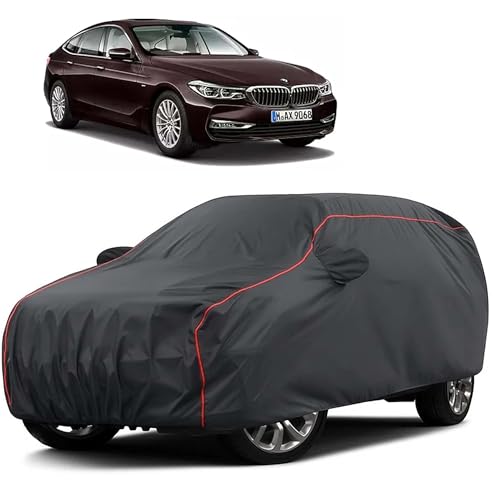 Image of Sulfar 100% Water Resistant Car Body Cover Compatible with Mirror for BMW 6 Series (Triple Stitched, Full Bottom Elastic, Dark Grey Taffeta with Red Piping)