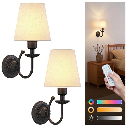 Wireless Wall Sconces Set of Two, 5300mAh Battery Operated Wall Sconce, Rechargeable Bulbs with Remote, 15 Colors Dimmable Wall Sconces with Fabric Shade for Bedroom Living Room (Brushed Sil