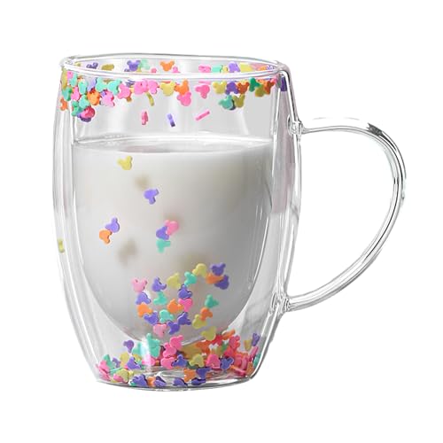 Generic Double Walled Glass Mugs, 350ml Double Walled Star Coffee Mug, Insulated Floral Glass Mug with Handles, Aesthetic Tea Cups for Hot and Cold Beverages, 1