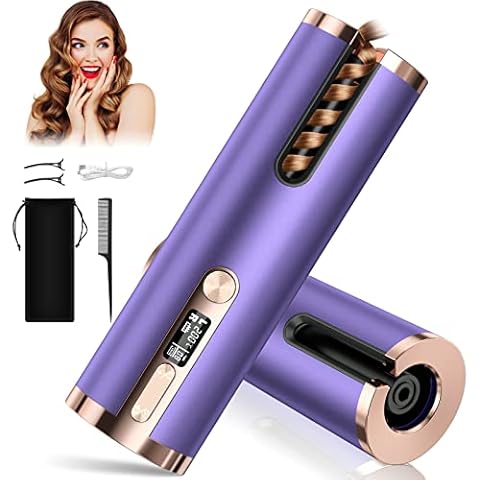 Cordless Hair Curler, Automatic Curling Iron 6 Adjustable Temperature & Timer 5200mAh Rechargeable LCD Display Rotating PTC Ceramic Curling Wand Hair Wavers for Long & Short Hair Home Travel--Purple Cover