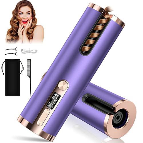 Cordless Hair Curler, Automatic Curling Iron 6 Adjustable Temperature & Timer 5200mAh Rechargeable LCD Display Rotating PTC Ceramic Curling Wand Hair Wavers for Long & Short Hair Home Travel-Purple