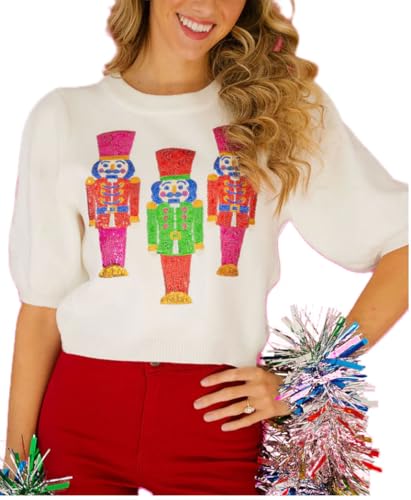 Women Puff Short Sleeve Sweater Casual Cropped Knit Shirts Cute Sparkle Holiday Graphic Print Pullover Jumper Tops