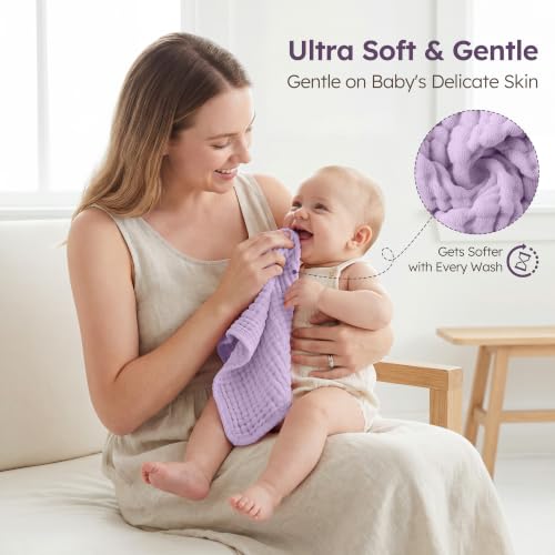 Image of Yoofoss Muslin Burp Cloths for Baby 10 Pack 100% Organic Cotton Baby Washcloths for Boys Girls Large 20''X10'' Super Soft and Absorbent Apricot,Lavender