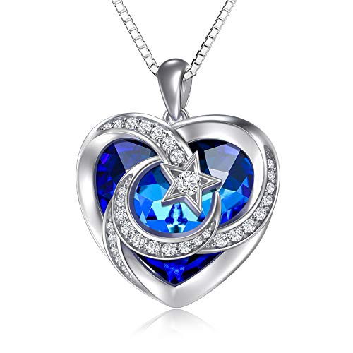 TOUPOP Heart Birthstone Necklace 925 Sterling Silver Moon and Star Pendant Necklaces Heart Crystal Jewelry Birthday Christmas Gifts Women