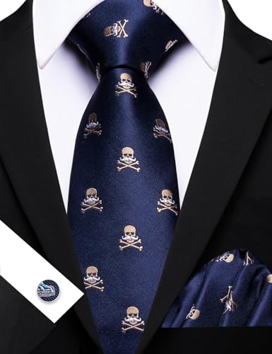 Image of Barry.Wang Man Tie Sets Skull Ties Animal Extra Long Necktie Silk Woven Handkerchief Cufflinks Festival Party Gift