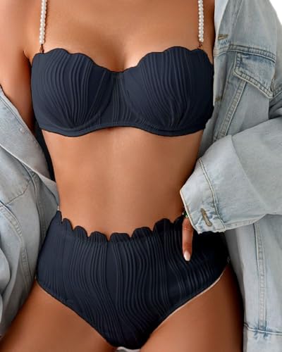 Bikini da donna 2 pezzi con spalline finte perlate, costume da bagno a sirena testurizzato opaco, nero, XXL/3XL