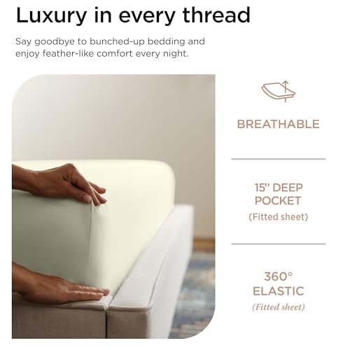 Image of Threadmill 100% Cotton Sheets for Twin Size Bed - 600 Thread Count Twin Bed Sheets Set with 15 inch Deep Pocket - Sateen Weave 3-Piece Bedding Set with Cooling Effect, Ivory