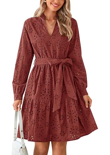 Image of PRETTYGARDEN Women's Long Sleeve Spring Dress 2025 Casual Fall V Neck A Line Hollow Out Eyelet Wedding Guest Short Dresses