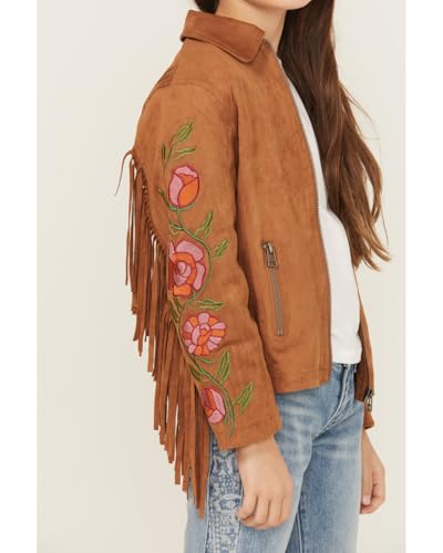 Girls' Floral Embroidered Suede Jacket, Camel (US, Age, 7 Years, Camel)4