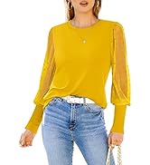 MIHOLL Womens Mesh Long Sleeve Shirts Casual Crew Neck Lace Polka Dot Blouses Puff Balloon Sleeve...