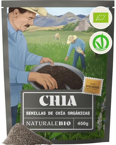 NaturaleBio Semillas de Chía 450g. Semillas de chía ecológicas para la pérdida de Peso y la digestión. Ricas en Omega 3, antioxidantes y minerales Esenciales. Salud del corazón, Huesos y músculos.