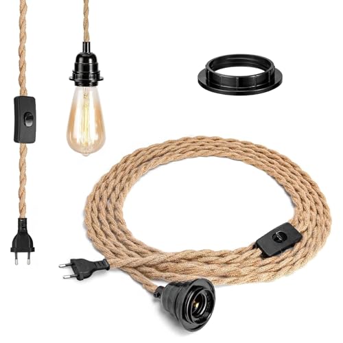 Portalampada E27 vintage con cavo in corda di canapa da 4,5 m, portalampada con interruttore, lampadario industriale fai da te in corda, lampada a sospensione per camera da letto, loft - lampadina non