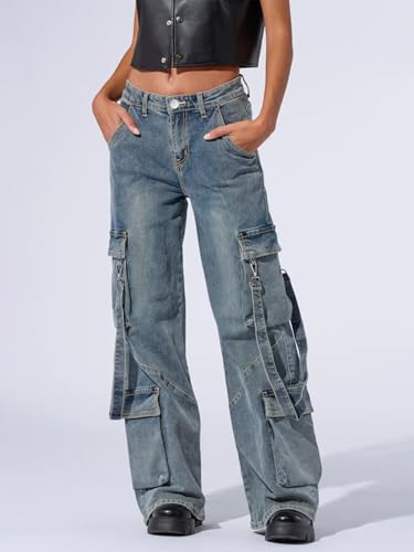 utcoco Women's Boyfriend Cargo Jeans Baggy Low Waist Wide Leg Denim Pants with Multi Pockets and Straps2