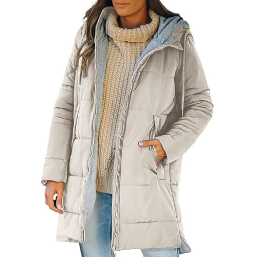 AMISENK Abrigo de invierno grueso con capucha para mujer, manga larga, cremallera completa, cálido, con bolsillos, casual, resistente al viento, con cierre de cremallera y bolsillos laterales, moda