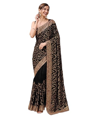 Image of TRENDMALLS Women's Vichitra Silk Heavy Embroidery With Siroski Stone Work Saree with Unstitch Blouse Piece For Women