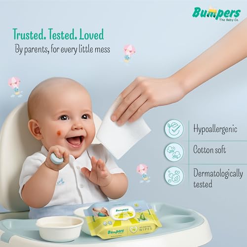 Image of Bumpers Baby Wipes | 99% Water Based | Alcohol & Paraben Free | Extra Thick | Safe for Sensitive Skin| 72 Counts /Pack (Set of 2) (144 Wipes)