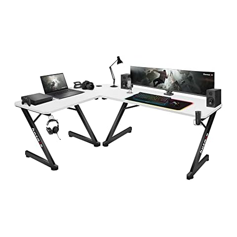 huzaro Hero 7 0 Corner Desk Computer Desk Gaming Table Carbon Table Top Headphone Hook Cup Holder Central Cable Opening 154 x 117 cm (White) Cover