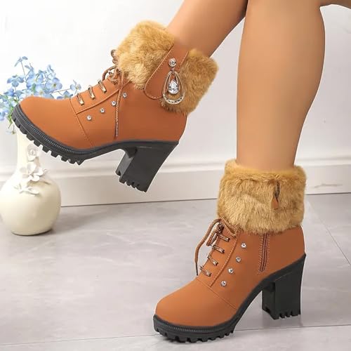 Women Winter Chunky Heel Ankle Boots, Casual Rhinestones Decor Shoes Warm Lined Lace Up Ankle Booties4