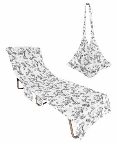 Rustic Flower Beach Chair Towel Covers for Chaise Lounge with Side Pocket, Soft Plush Pool Towels Cover for Patio Sunbathing Outdoor 29''x85'' Floral Bird Black White Leaf Vintage Herb