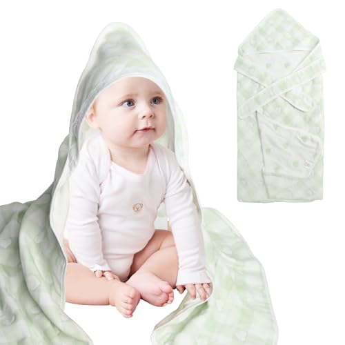 Image of Hooded Baby Towel 100% Muslin Cotton Soft and Absorbent Baby Bath Towel with Hood for Newborns Infants Toddlers and Kids Large 35x35 Inch Grid Heart Pattern (Green)