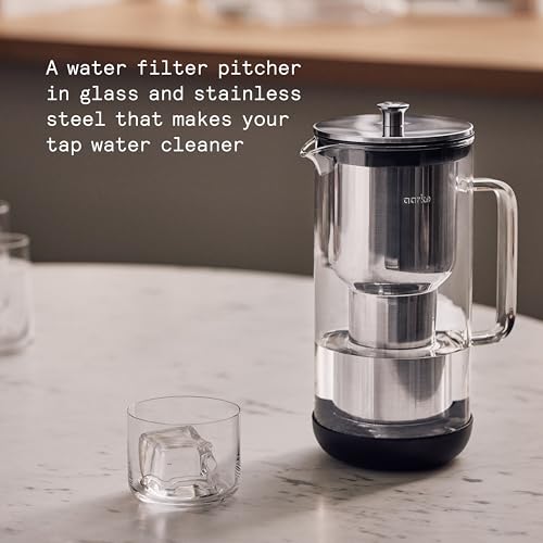 Aarke Pitcher d'eau en verre purificateur, filtre en acier inoxydable rechargeable, 8-Weeks Performance, sans BPA, lave-vaisselle sans danger, pur & Granules de remplissage enrichies, 1.18L (5 Capacités