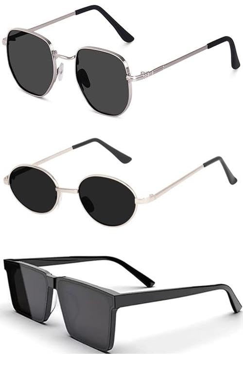 sheomy Unisex combo offer pack of 3 shades Unisex Fashion Sunglasses Set, 3 Pairs, Metal Frame, Black and Silver - Combo3-2345-picture-42