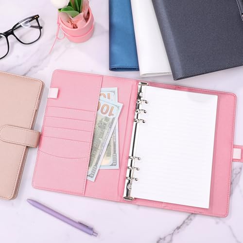 Image of Antner A5 Notebook Binder with 6 Ring Photocard Cover, PU Leather Refillable Budget Binder Loose Leaf Personal Organizer with Magnetic Buckle, Glitter Pink